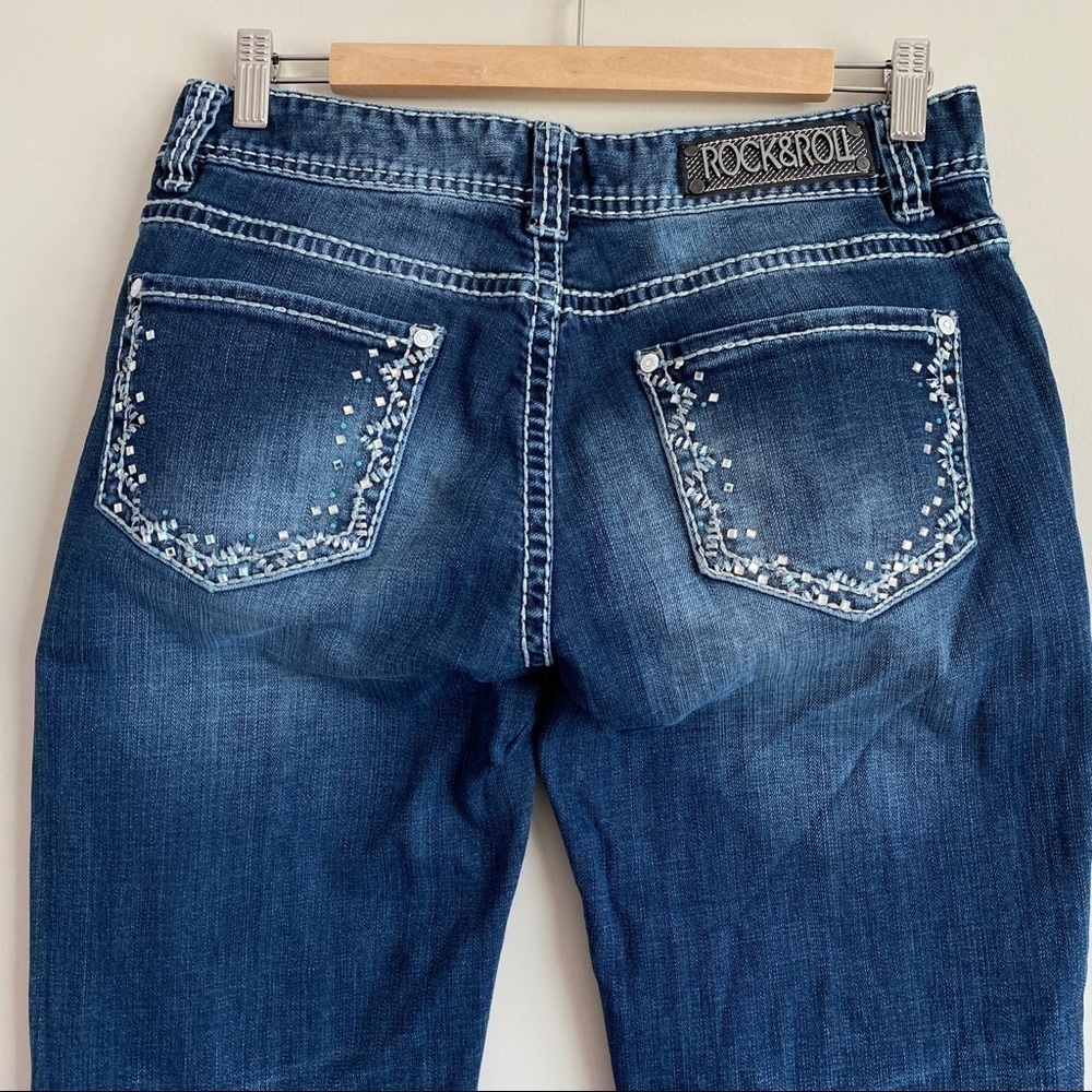 ROCK & Roll Cowgirl Mid Rise Bootcut Jeans 30x34 Embellished Pockets - Picture 1 of 12